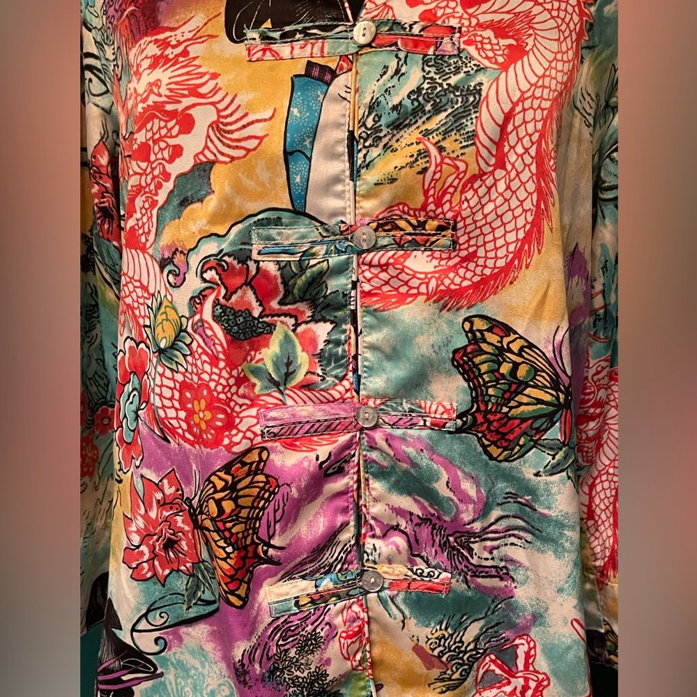 Satin NATORI Button Mandarin Collar Geisha Asian Dragon Print Long Sleeve Top S - Picture 4 of 6